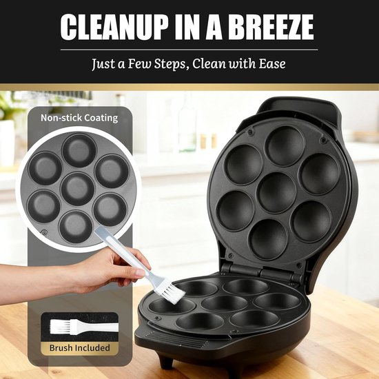 Mini Pannenkoekjesmaker - Elektrische Ebelskiver Poffertjesmaker - Bakt 7 Ebelskivers van 5 cm Zonder Omdraaien - Deense Pannenkoeken en Cake Pops Maker - Voor Snel en Gemakkelijk Ontbijt of Snacks — afbeelding 4