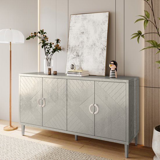 HAUSS SPOLE Dressoir - Opbergkast Met 4 Deuren En Houtpootjes - Strak Modern Design Voor Woonkamer Slaapkamer En Keuken - MDF - 152x40x82.5 cm - Champagne