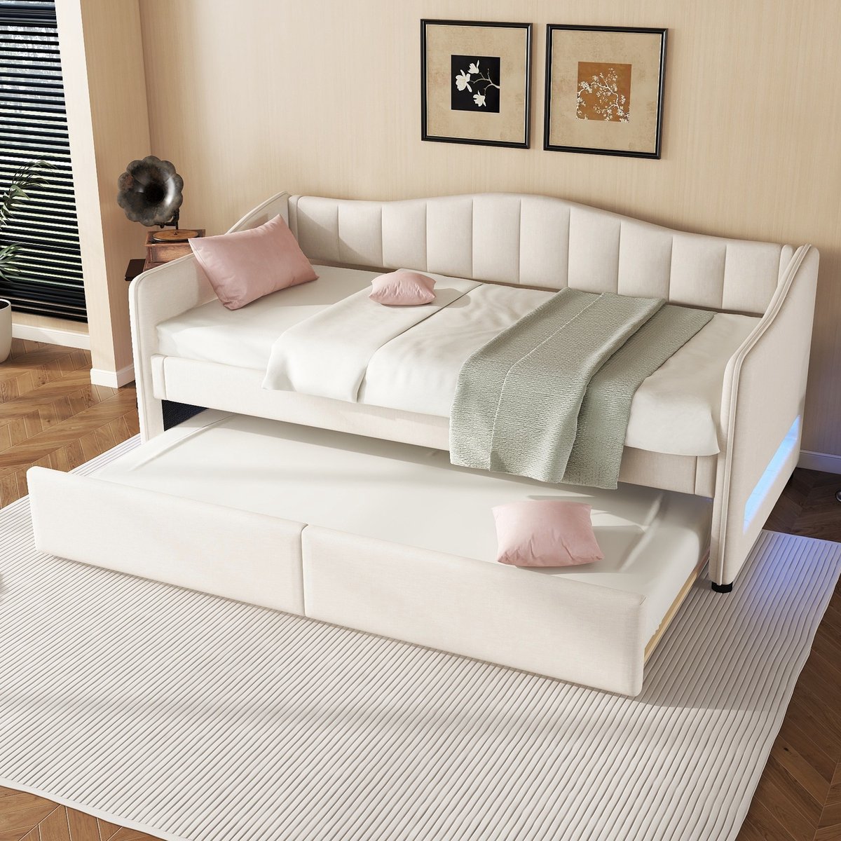 HAUSS SPOLE Dagbed 90x200cm - Uitschuifbaar Onderschuifbed met LED Sfeerverlichting - Multifunctioneel Slaapbank - Linnen MDF - Zonder matras - Beige