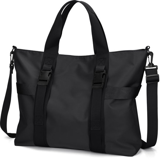 Zwarte shopper tas met handvatten en verstelbare schouderband, met gespen aan de voorkant.