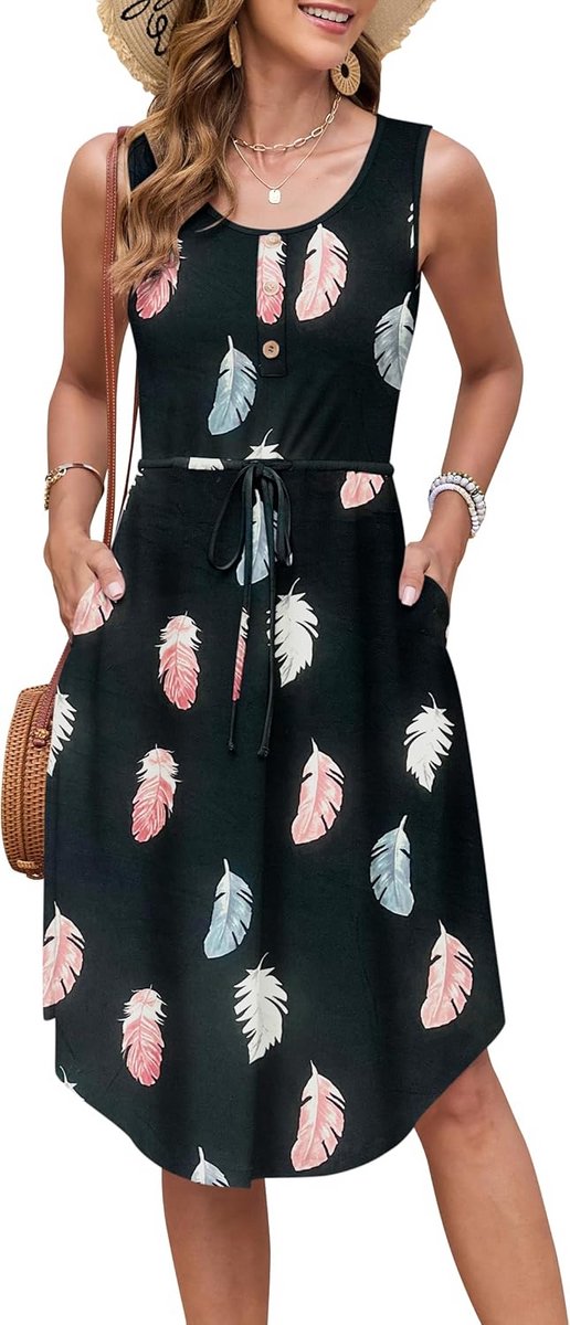 Mouwloze Zomerjurk Dames met Ronde Hals en Zakken - Casual Midi Jurk met Bloemenprint