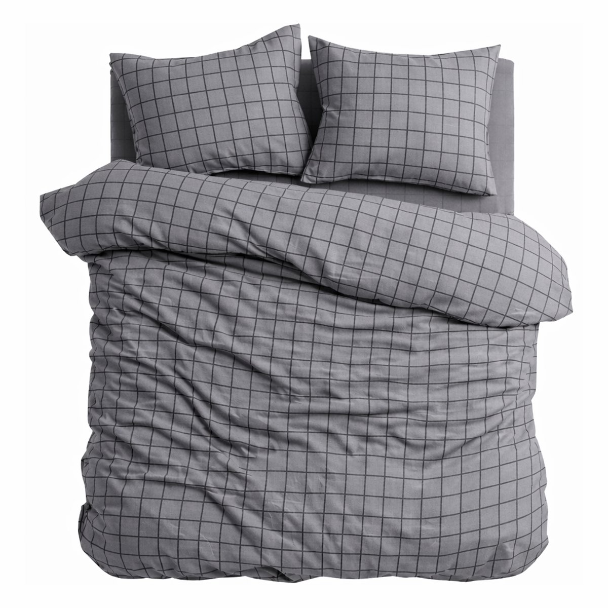 HappyNest - Dekbedovertrek - 2 persoons - 200x220 cm + met 2 Kussenslopen - 60*70 cm - Grijs met Zwarte Ruitjes