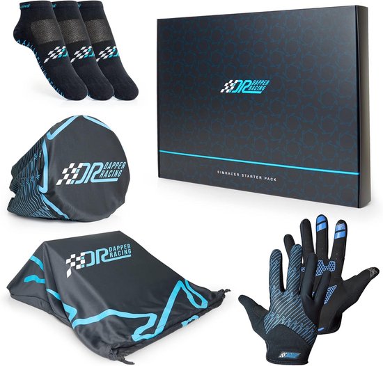 Dapper Racing starterspakket: zwarte doos, sokken, handschoenen en beschermhoezen voor stuur en pedalen.
