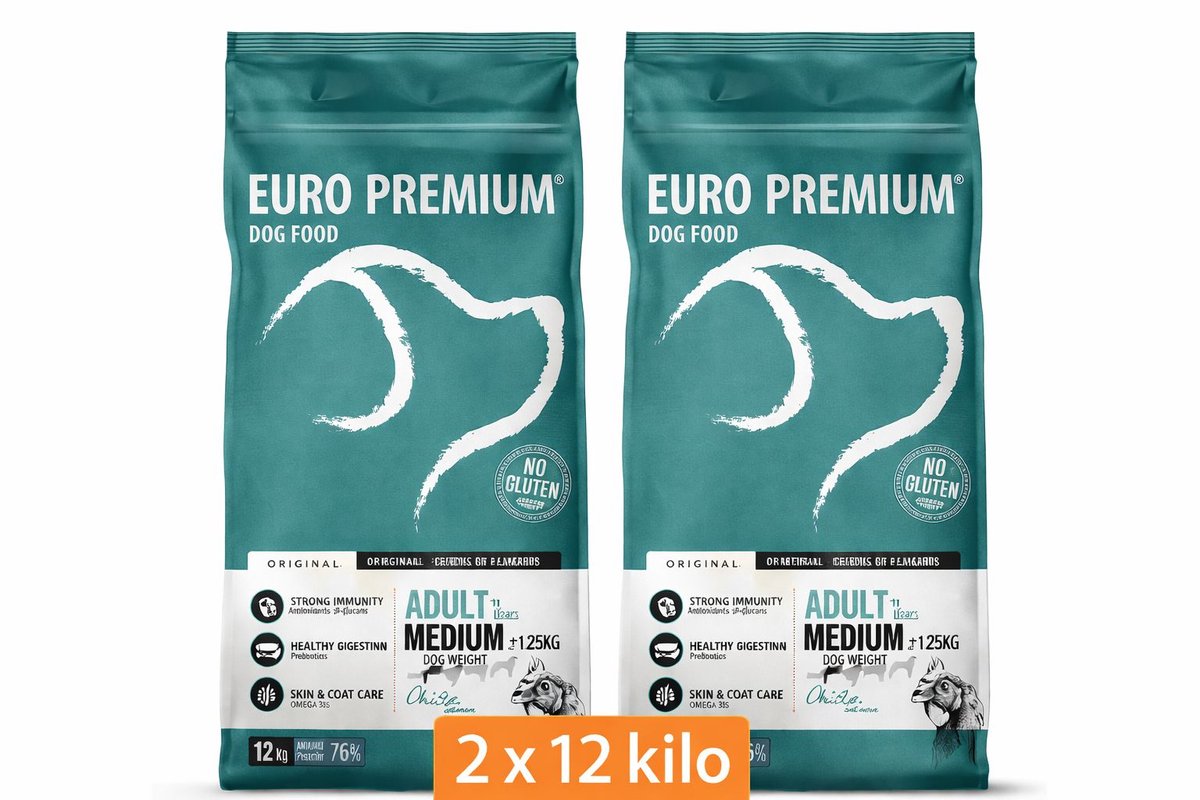 Euro-Premium Adult Medium - Hondenvoer - Kip Rijst 2x 12 kg Voordeelverpakking