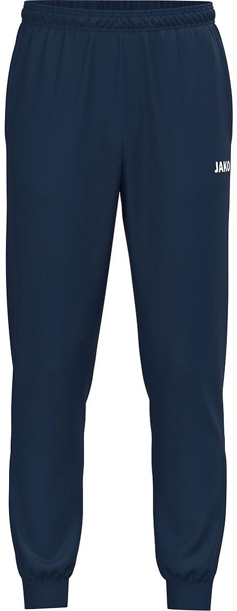 Marineblauwe Jako One polyesterbroek voor kinderen, maat 158, met elastische taille en logo. Perfect voor voetbalkleding.