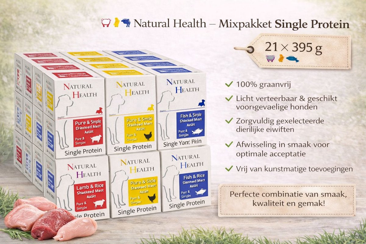 Natural Health Dog Steamed Single Protein Mixpakket - 21x 395gram