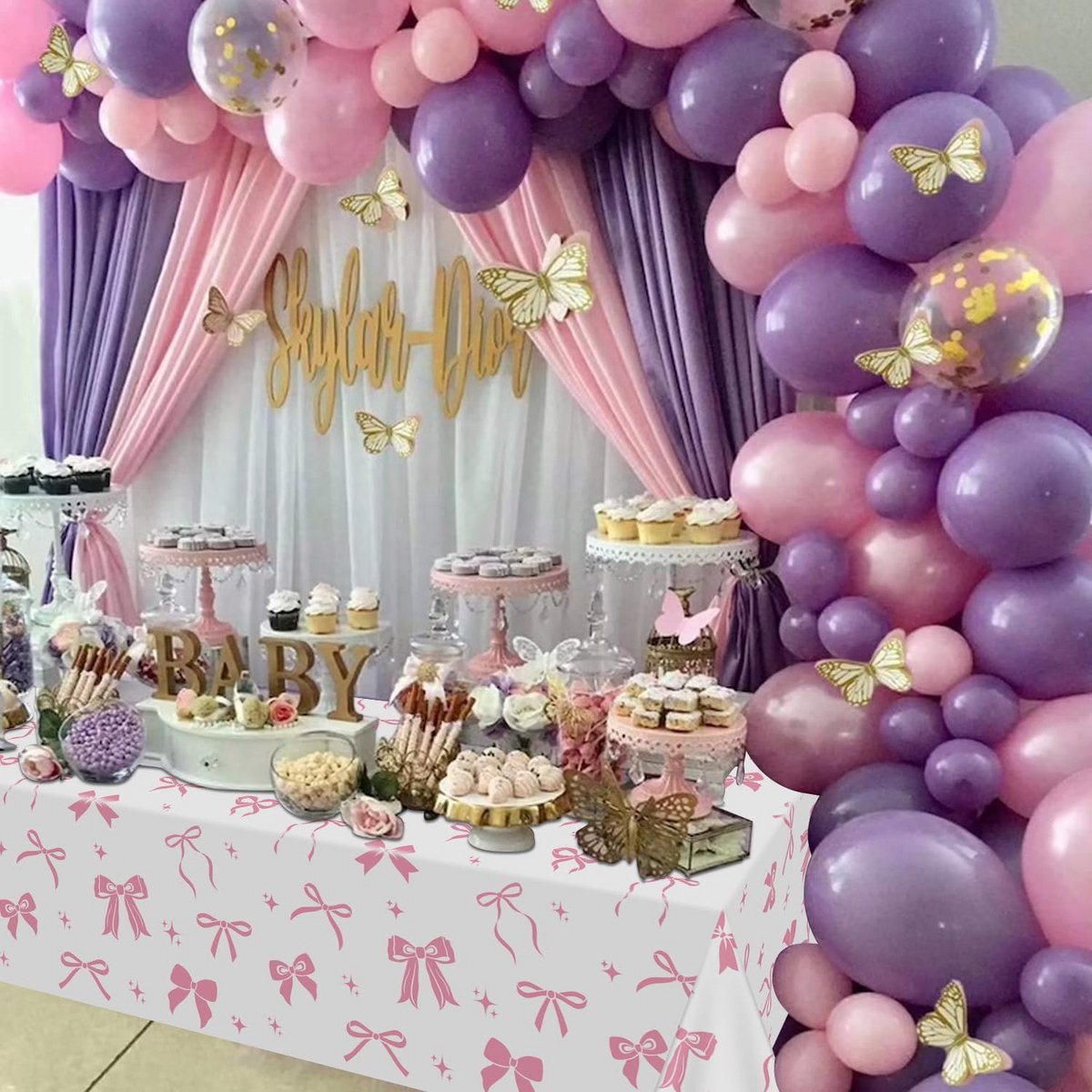 4 Delige Set Roze Strik Tafellakens voor Verjaardag en Babyshower