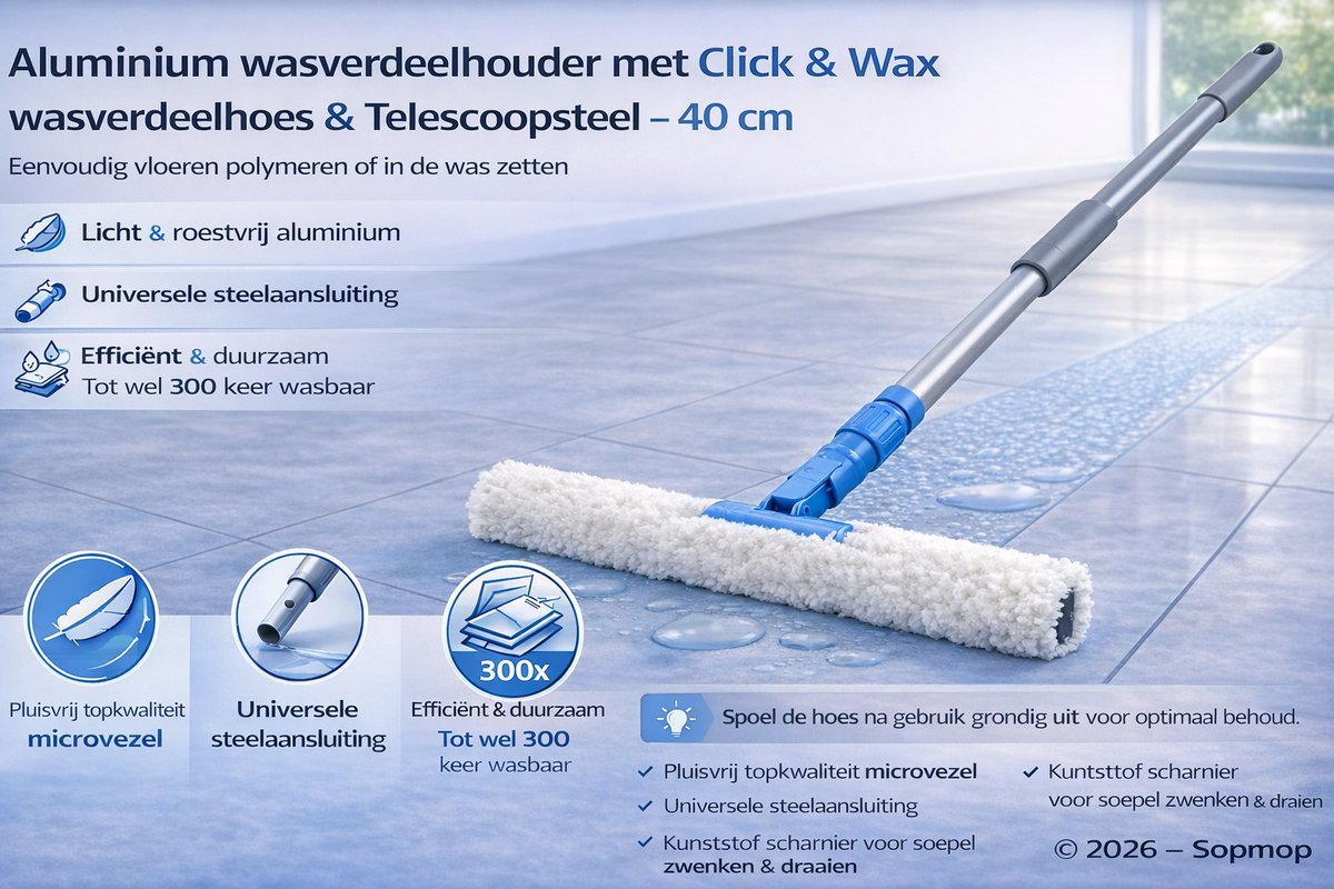 Sopmop Professionele Wasverdeelhouder & Click & Wax Wasverdeler Hoes 40cm & Telescoopsteel
