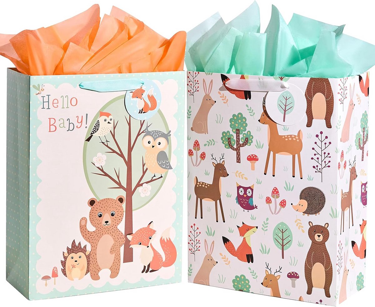 2 Extra Grote Geschenktassen Babyshower Inclusief Tissuepapier - Vier Je Nieuwe Baby