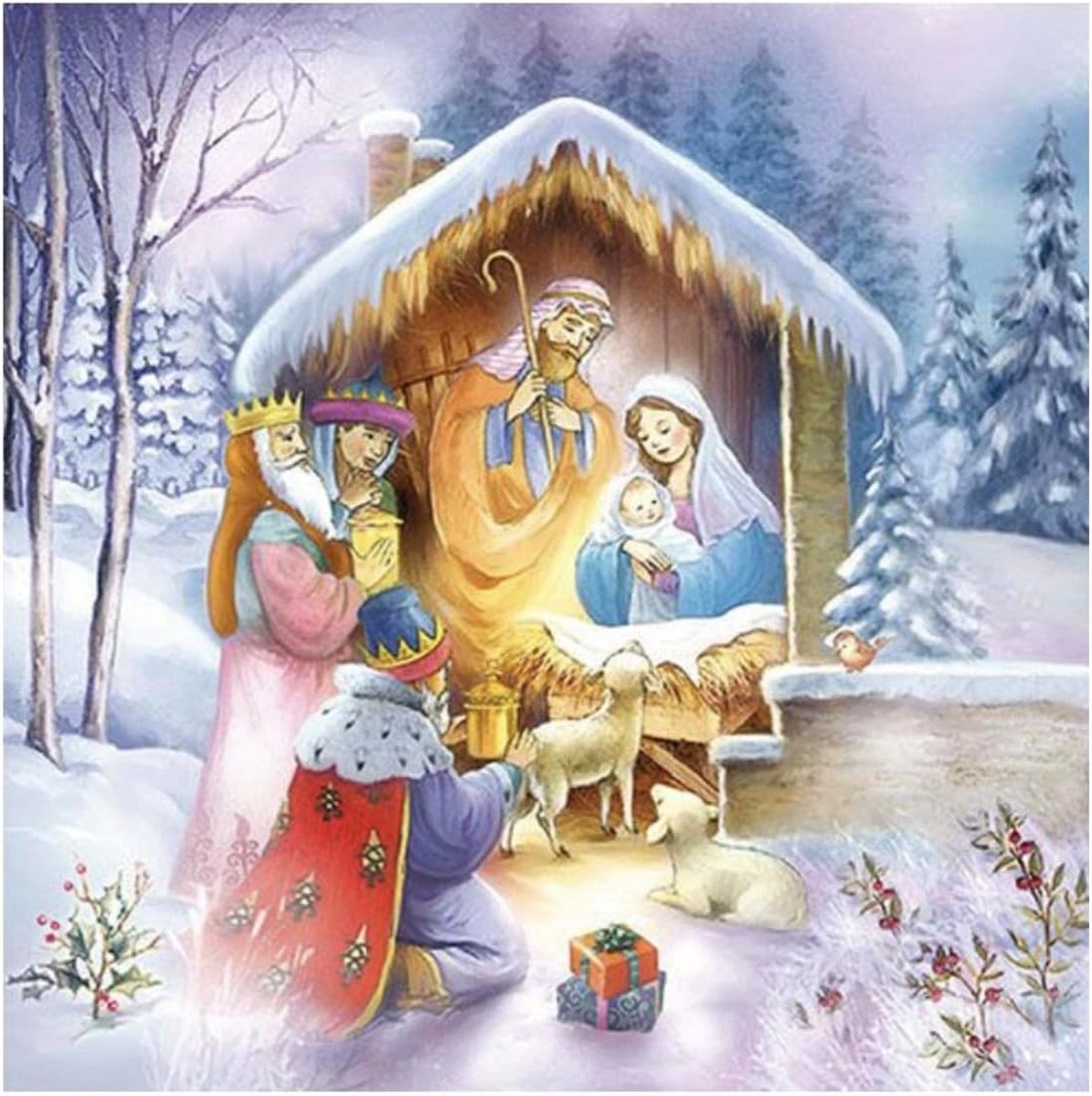 Set van 20 Papieren Servetten - 3-laags Lunchformaat Kerststal Thema Blauw