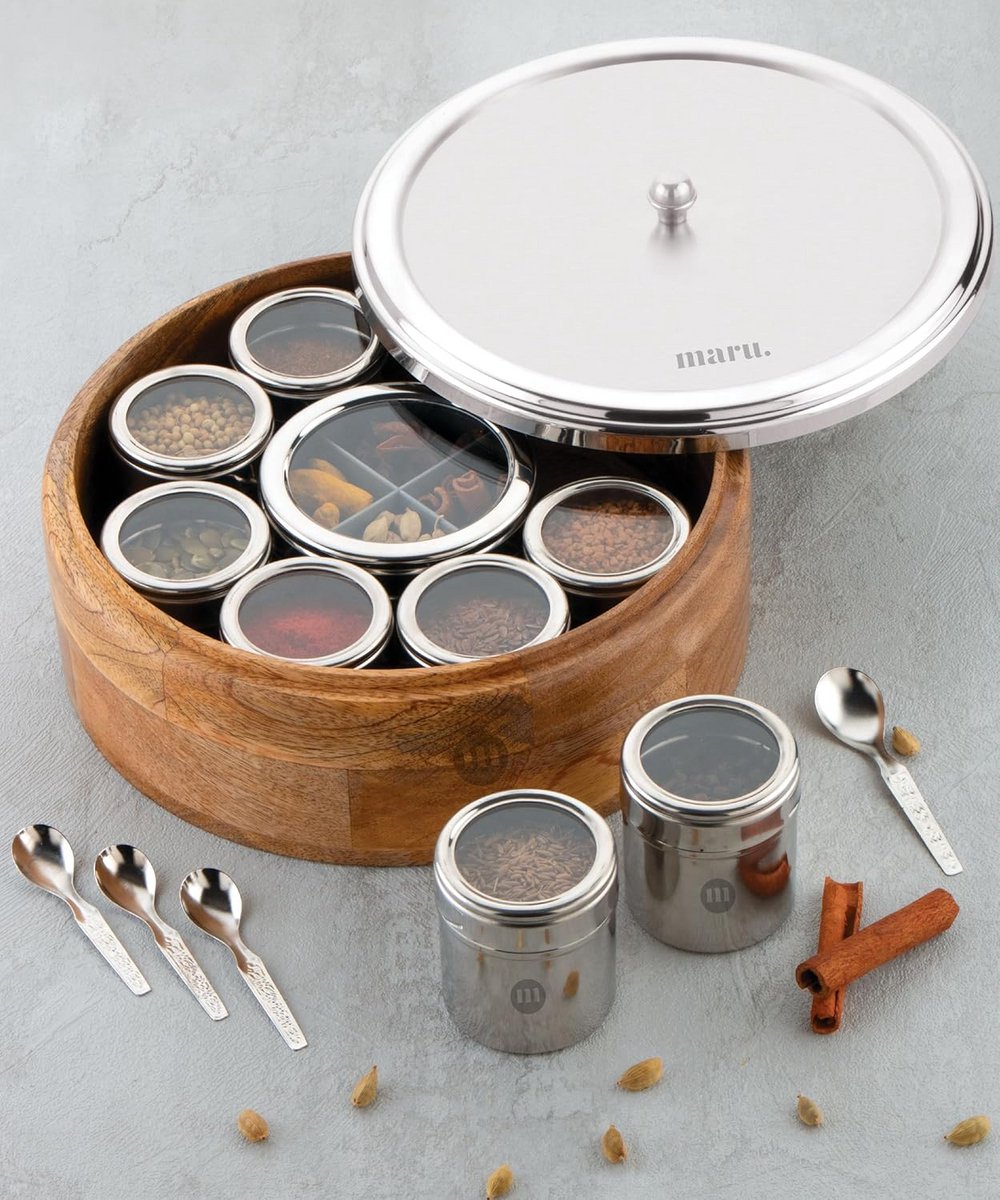Houten Kruidenpot Set 12-Delig met RVS Kruiden Shakers en Zichtbare Deksel
