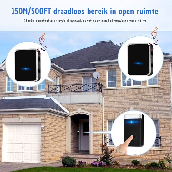 Quvo® Waterdichte Draadloze Deurbelset - 2 Ontvangers - 150m Bereik - Geen Batterijen - 45 Melodieën - 4 Volumeniveaus - Zwart - ‎13cm x 11cm x 8cm — afbeelding 3