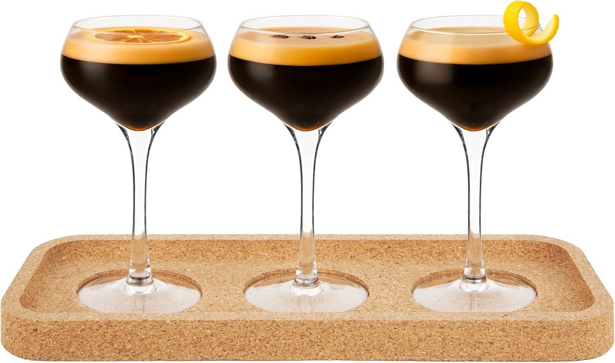 Espresso Martini Proeverij Set - 3 Kristallen Coupe Glazen met Kurken Serveerplank