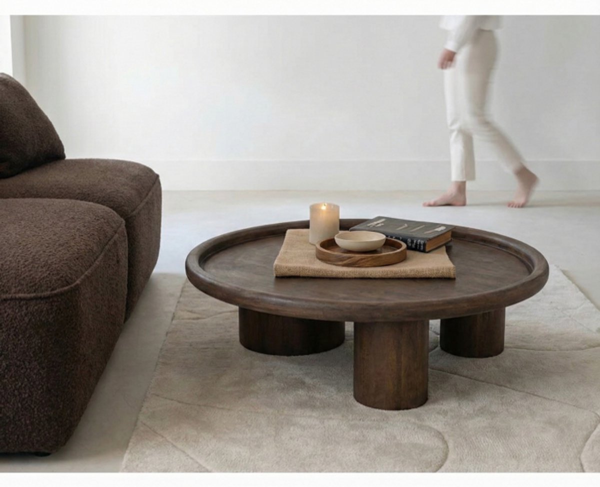Salontafel Marlot rond mangohout 110x110x31 cm - walnoot - Japandi