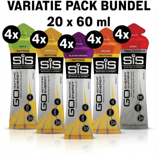 Science in Sport - SiS Go Isotonic Energiegel - 20x60 ml - Variatie pack bundel - Cafeïne Berry, Apple, Tropical, Orange & Blackcurrant