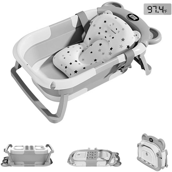 Flolife - Babybadje - Opvouwbaar met geïntegreerde thermometer - Baby badje met standaard - Zacht drijvend kussen