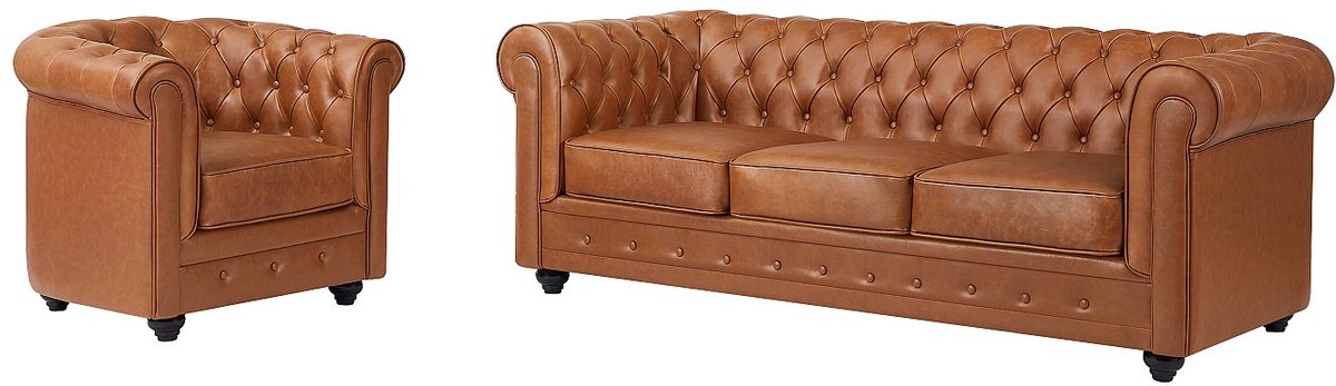 Vente-unique Driezitsbank en fauteuil van camelkleurig vaarsleer CHESTERFIELD