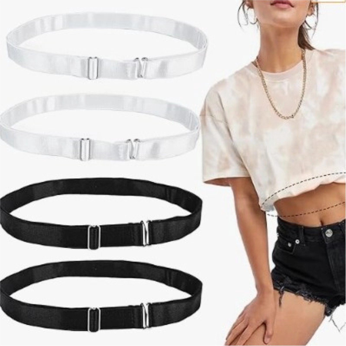 OIMG Riem voor dames - 4stuks - verstelbare elastische taillebanden - 2cm breed - 115cm L - one size - Verstelbare Crop Tuck Band voor Shirts - Elastische Crop Top Band voor Vrouwen - perfect voor het inkorten van shirts, truien en meer - 2zwart/2wit