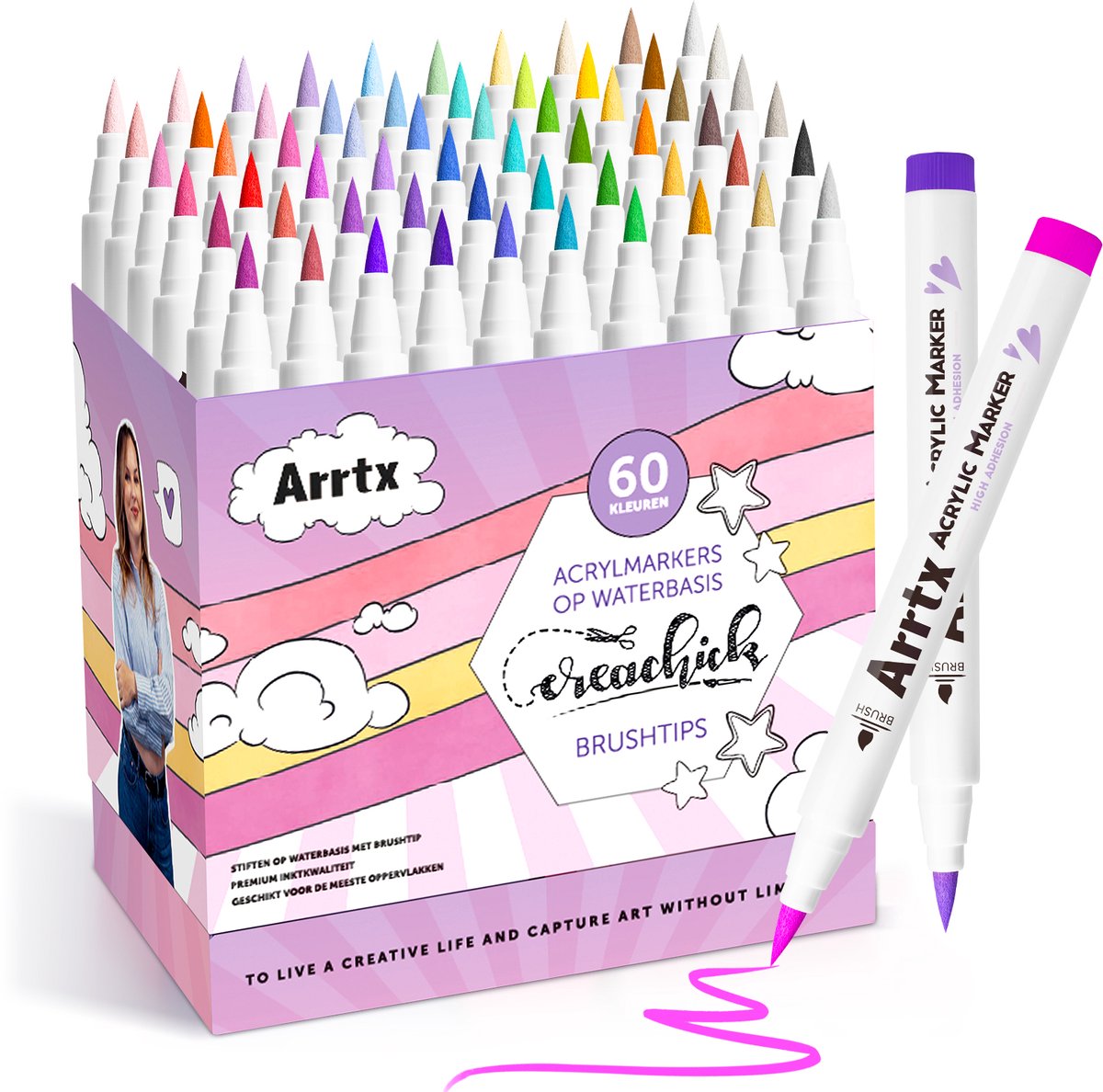 Creachick X Arrtx - Acrylmarkers - Paint Brush Tip Markers - 60 prachtige kleuren