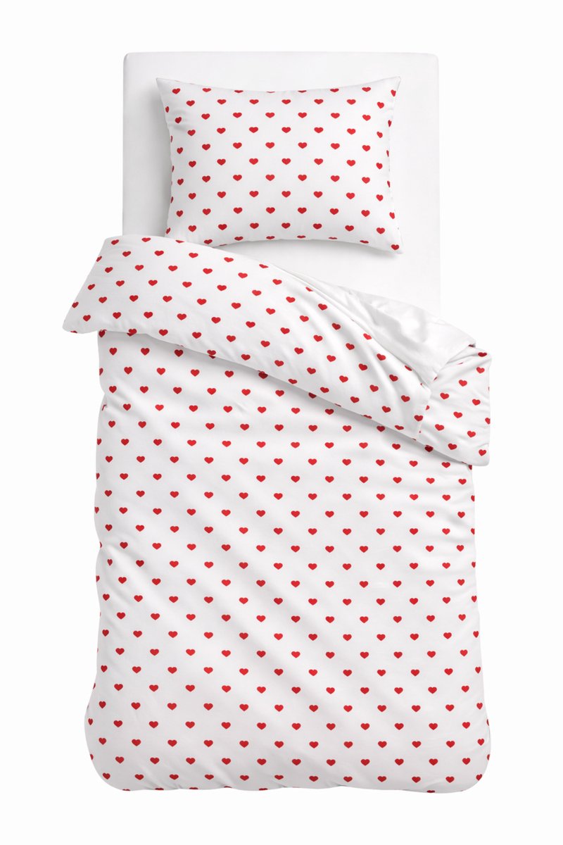 HappyNest - Dekbedovertrek - Eenpersoons 140x220 cm - met Kussensloop 60x70cm - Wit met Rode Hartjes