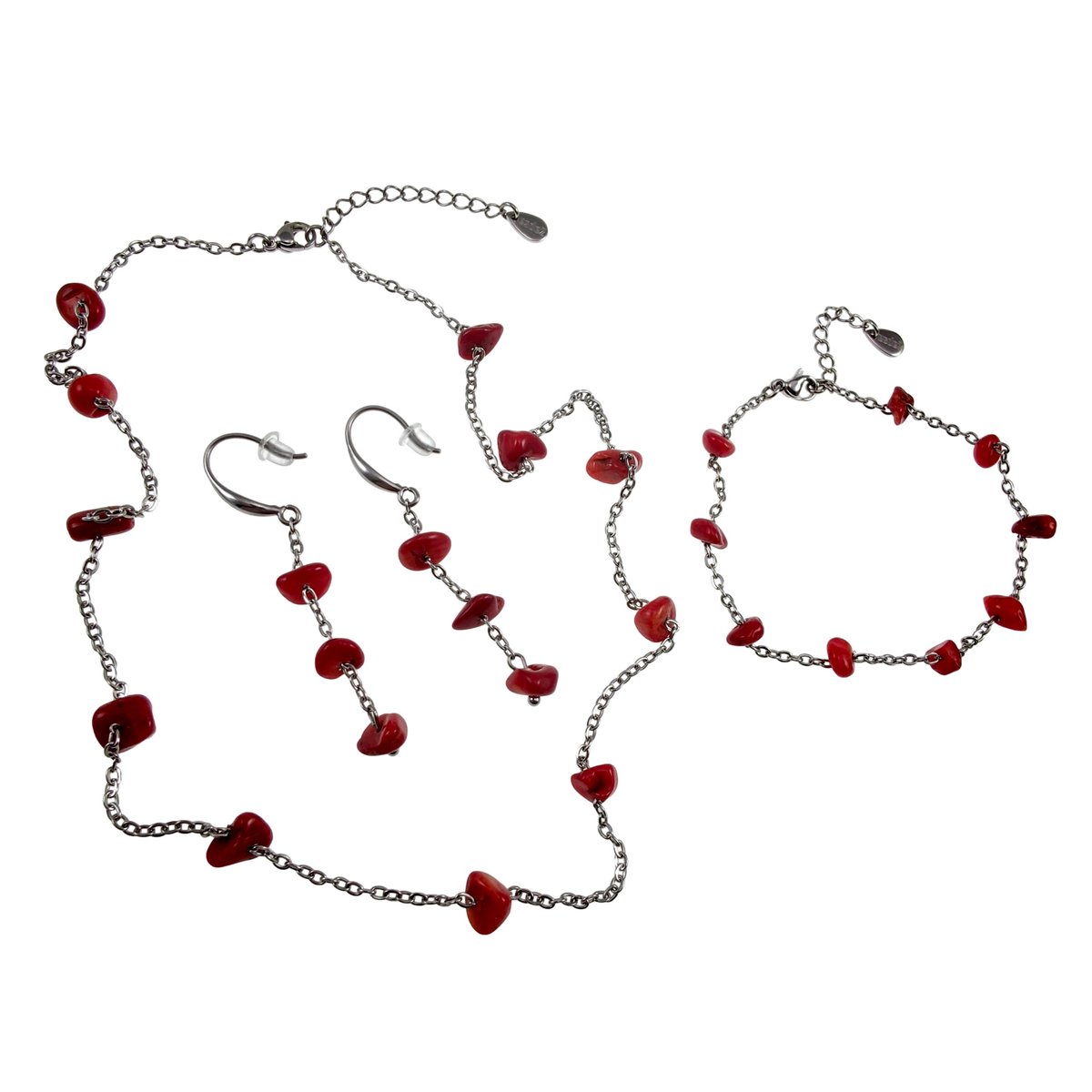 Sieradenset voor Dames met Rode Natuursteen, Ketting + armband + oorbellen, RVS - Handgemaakt door esde2