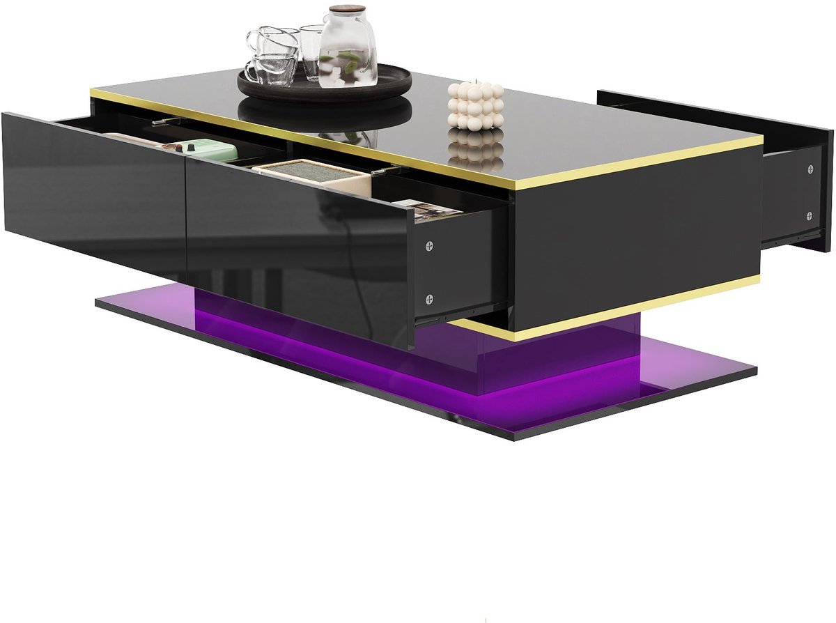Merax Salontafel 100 X 50 X 40 Cm Zwart - Hoogglans Look - Goudkleurige Accenten - Met 3 Laden - Open Vak - Led Verlichting Met Kleurwisseling - Usb Aansluiting