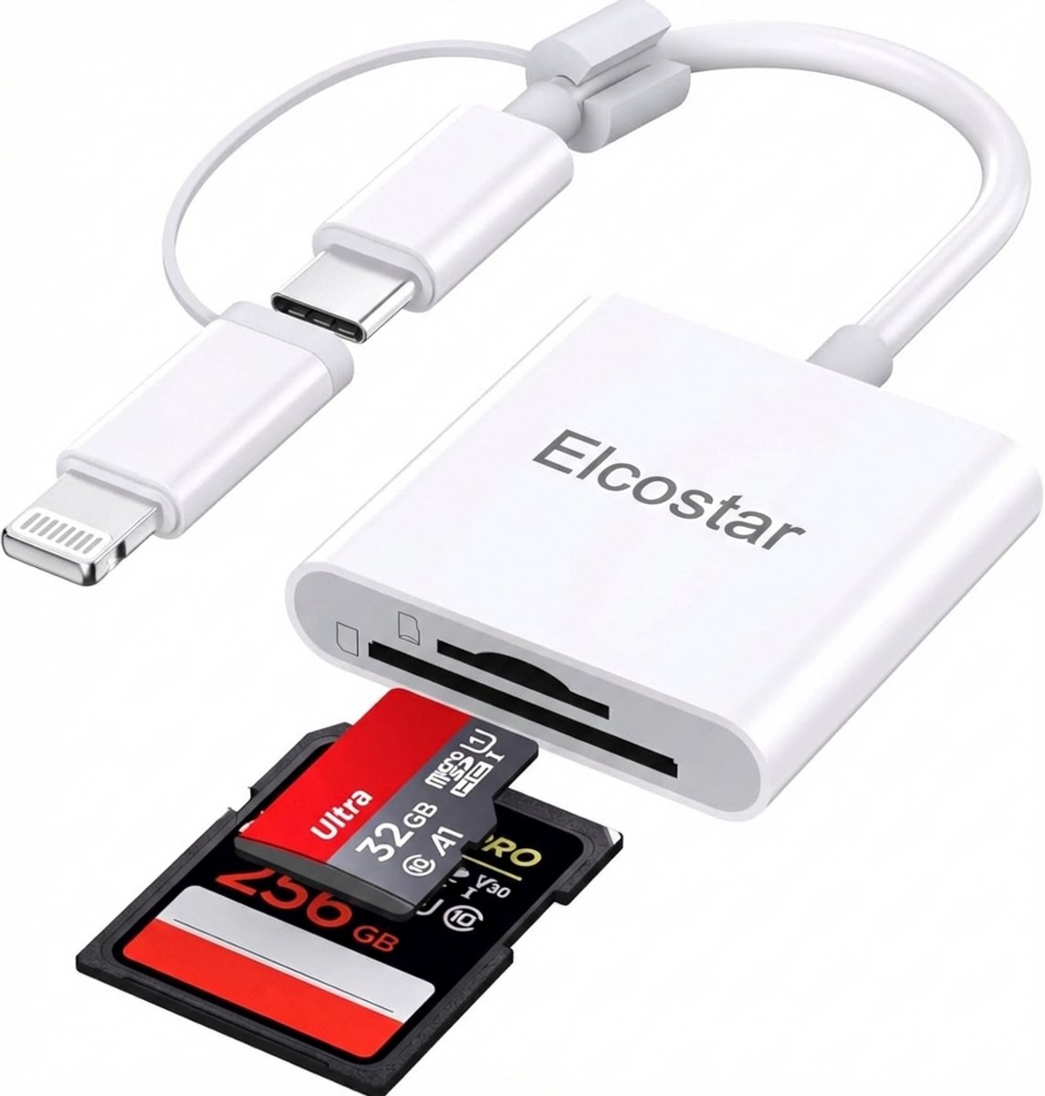ELCOSTAR® 2-in-1 SD Kaart lezer USB C Cardreader – Geheugenkaartlezer Micro SD – Inclusief Lightning Adapter – Compatibel met iPhone, iPad, Android, Windows & Mac – Compact & Snel