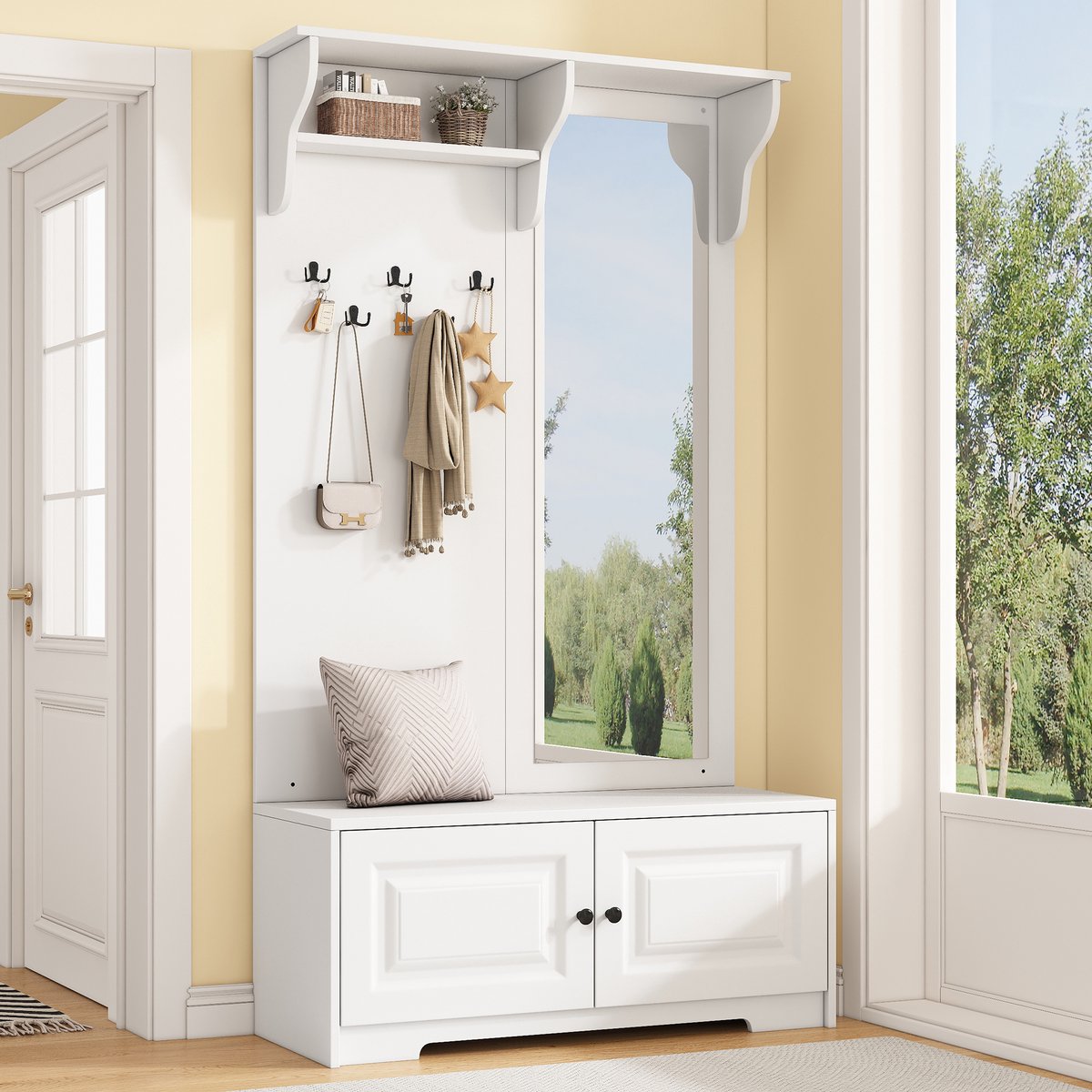 MIVRAY Kledingrek Met Spiegel En 5 Haken, 2 Kasten En Plank, Multifunctionele Haloplossing, Wit MDF, 100 X 40 X 180 Cm