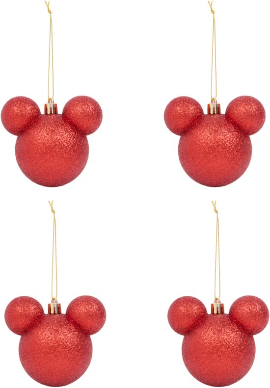 Quatre boules de Noël rouges à paillettes avec des oreilles de Mickey Mouse, suspendues par des cordons dorés.