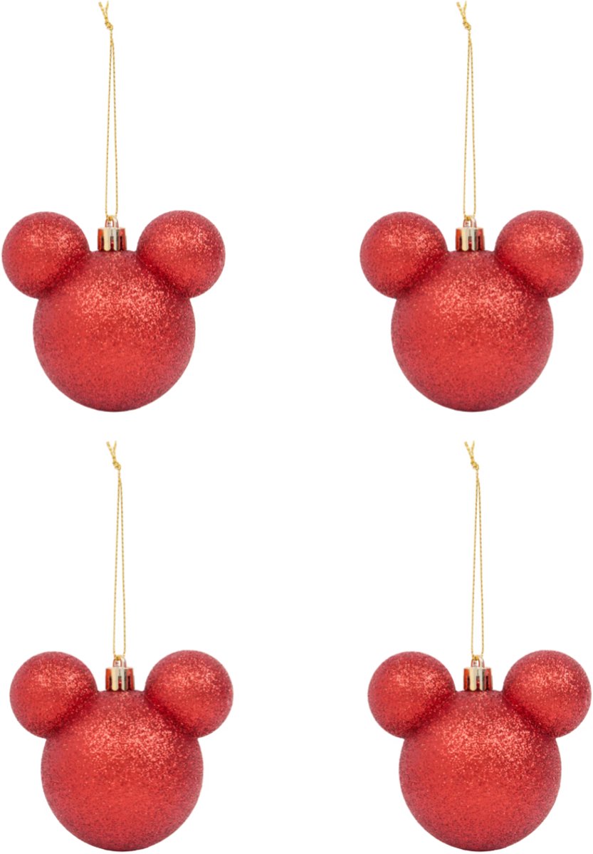 Kerstballen Mickey Mouse - Rood - Glitter - 4 stuks