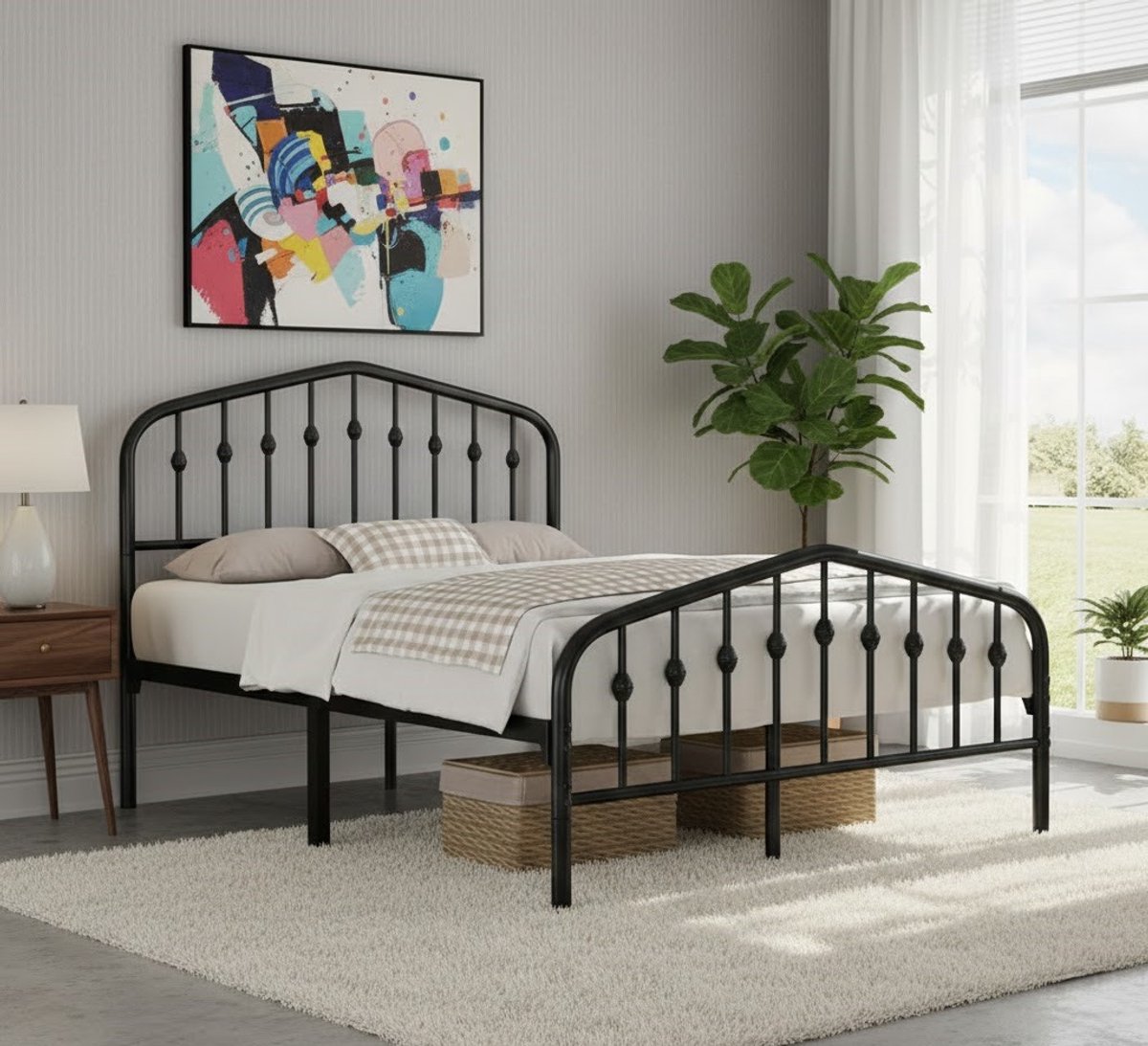 Comfortabel Vintage Metalen Tweepersoonsbed 140x200 cm – Stabiel en Duurzaam Bedframe met Kroonvormig Hoofdeinde – Zwart – Furniture Land