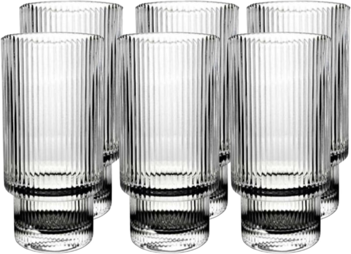 Geribbelde Longdrink Glazen - 6 Stuks - 350ml - Reliëf - Ribbel - Stapelbaar