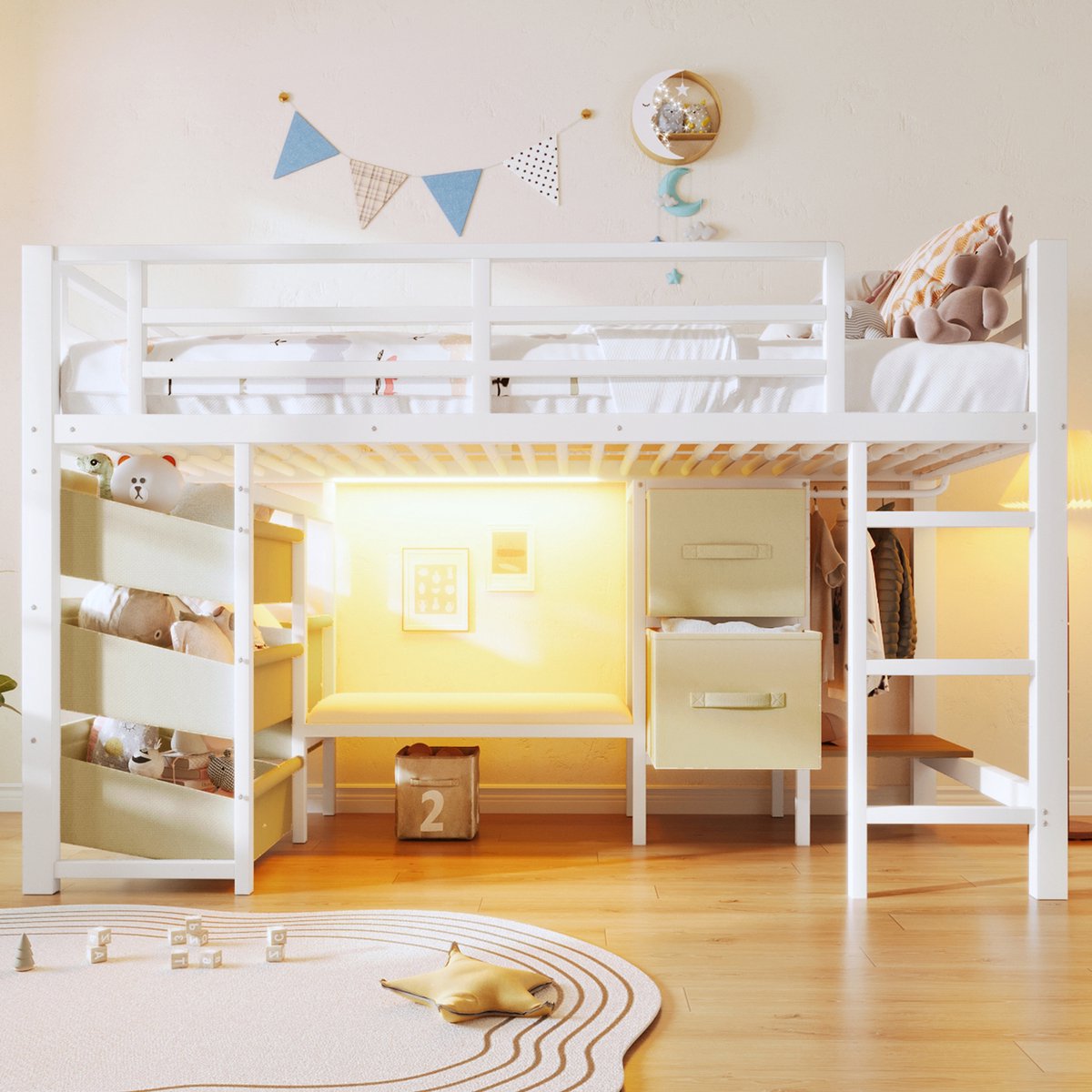 PHOEBE CAT Halfhoogslaper - 90 x 200 cm - Met zitbank - Stoffen lades - LED-verlichting - Kledingstang - Metalen frame - Kinderbed - Wit