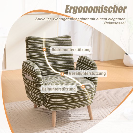 Groene stoel met witte strepen, ergonomische rugleuning en zitvlak.