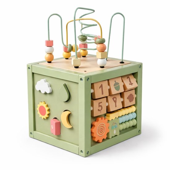 Laavir Houten Activiteitenkubus Baby - Educatief Speelgoed met Kralenspiraal, Vormenstoof en Ratelwielen - FSC Gecertificeerd