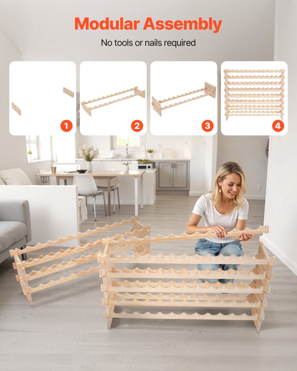 VEVOR Stapelbaar Modulair Wijnrek voor 96 Flessen, 8 lagen, flessenrek met een totaal draagvermogen van 112 kg, stabiel, wijnflessenstandaard voor keuken, wijnkelder, bar, houder voor natuurwijnen — cadeau in Cadeau-ideeën - foto 8