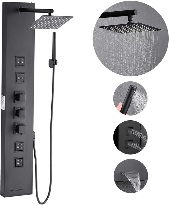 Zwart douchepaneel met regendouche, handdouche, 4 massagemondstukken en watervaluitloop.