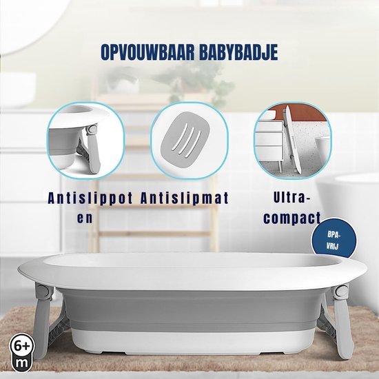 Aurixi® Babybad met standaard - Babybadje - Inklapbaar - 30 liter bad - Draagbaar - Veilig voor baby's - Wit/Grijs - 80cm x 48cm x 20cm van Merkloos — afbeelding 5