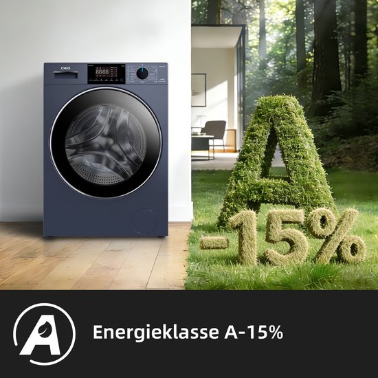 Lave-linge CHiQ bleu foncé à côté d'un 'A' en herbe verte avec '-15%', indiquant la classe énergétique.