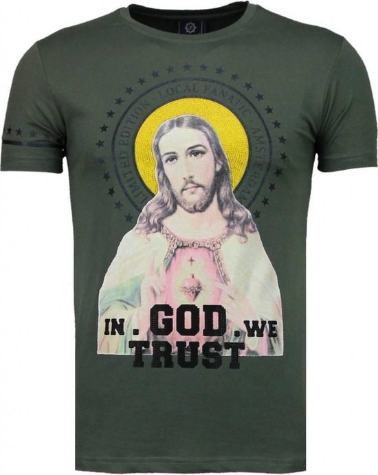 Local Fanatic Jesus - T-shirt strass - Jésus vert - T-shirt strass - T-shirt homme vert taille XL