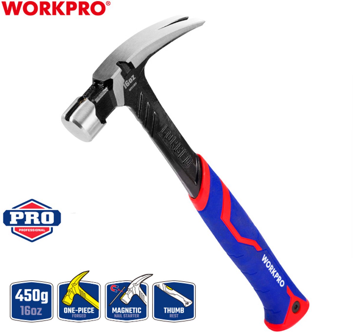 WORKPRO Professionele Klauwhamer 450 g – Gesmeed Koolstofstaal – Fiberglas Ergonomische Handgreep – Roestbestendig – WP241013