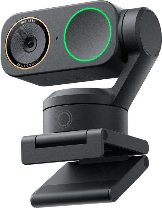 Webcam Insta360 graphite avec objectif 4K AI, indicateur lumineux vert et support réglable.