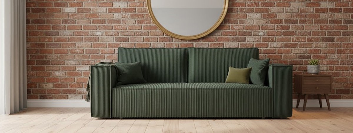 Velvet Comfort 3-zits Slaapbank Groen – House&Garden – Moderne Ribfluweel Sofa met Slaapfunctie en Opbergruimte – Uitklapbare 3-zitsbank voor Woonkamer – 200x155 cm Ligoppervlak