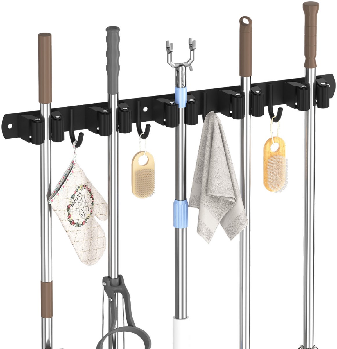 Gigicial Wandbezemhouder - Bezemhouder met lussen - Ruimtebesparende wandhouder / 5 planken en 4 haken - 1 stuk - Geschikt voor thuis en op kantoor, matzwart