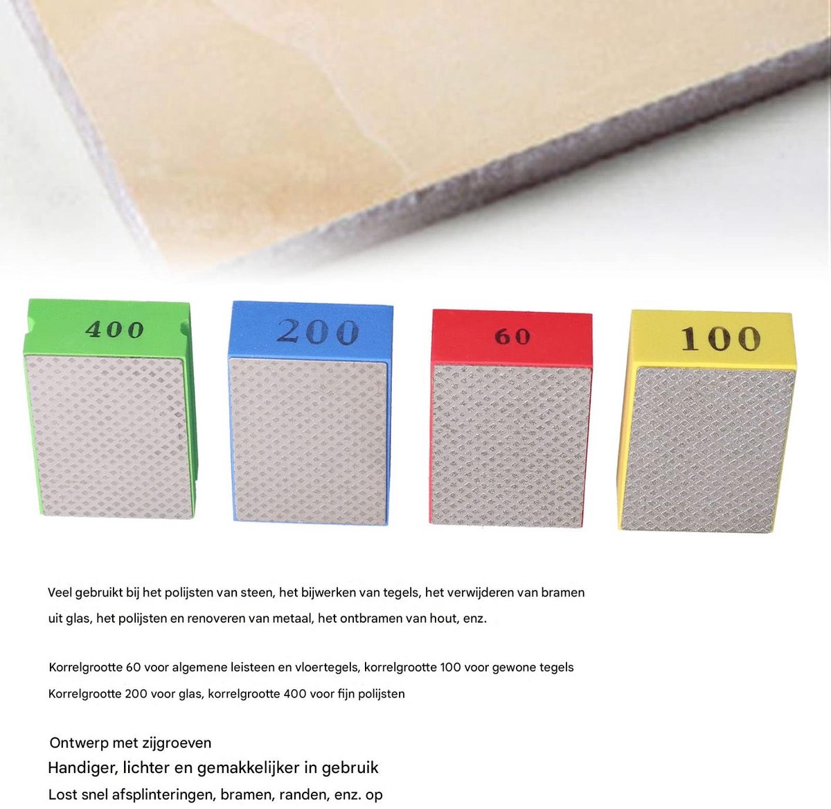 TuseRxln Gsedaox - Diamanten Polijstset - Handmatige Diamantpolijstkussenset Met Zijgroeven Voor Betere Grip - 4 Stuks - Universeel Voor Steen Tegels Glas Metaal En Hout Grijs