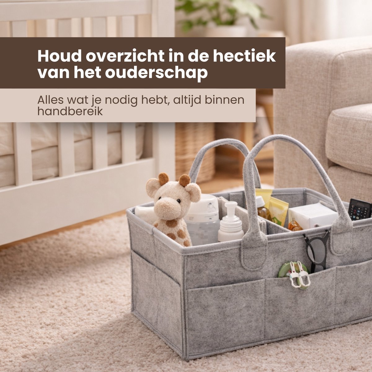 Luiertas Vilt - Grijs - Vilt - 32 x 22 x 19 cm - Luier Organizer - Draagbare Organiser met Handige Vakken - Verzorgingstas – foto 8