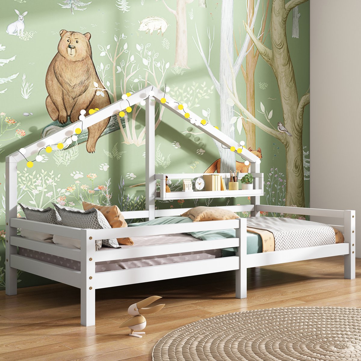 REDOM Kinderbed 90x200 cm van grenenhout – Huisvorm met veiligheidshek en opbergrek – Wit