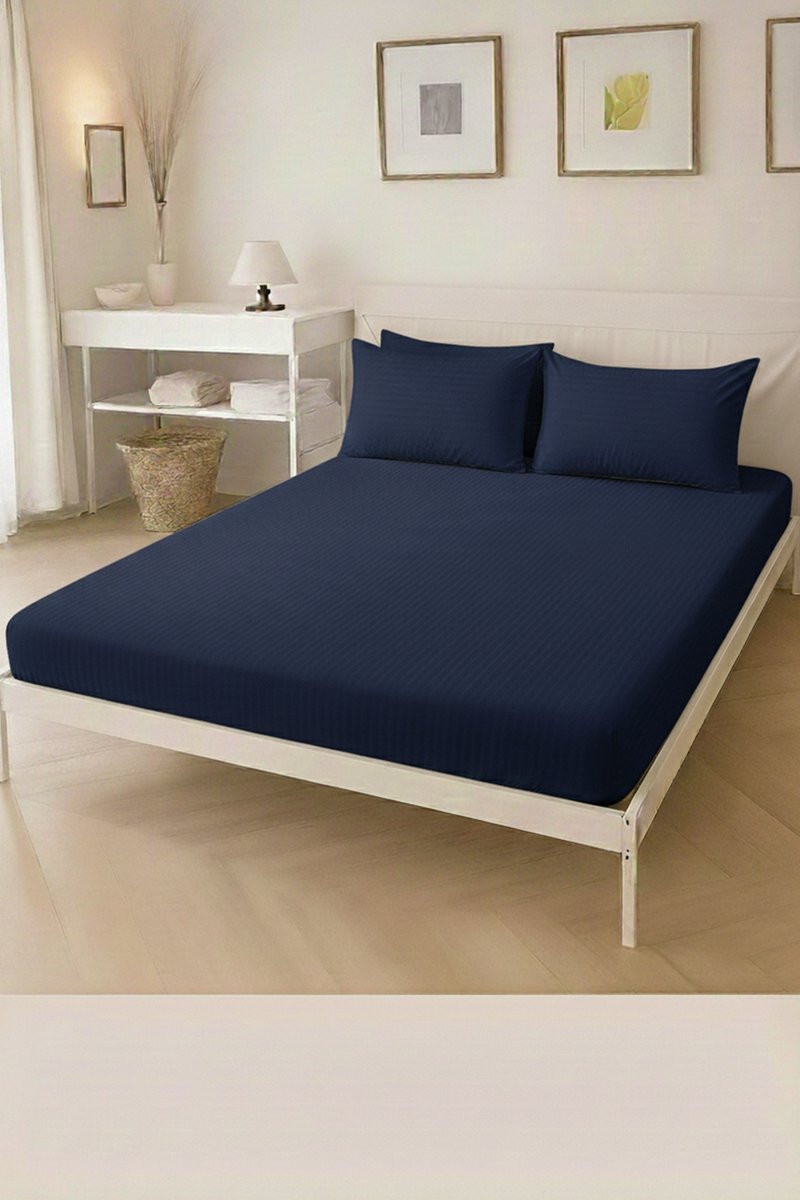 Boraboi® Luxe 3-delige Hoes Laken Set Katoen ,Satijnlook,Gestreept,İndigo 120 x 200 cm