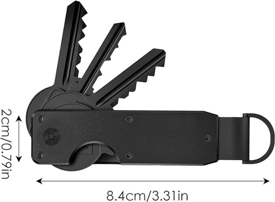 Zwarte sleutelorganizer met vier uitstekende sleutels, een D-ring en afmetingen van 2 cm breed en 8,4 cm lang.