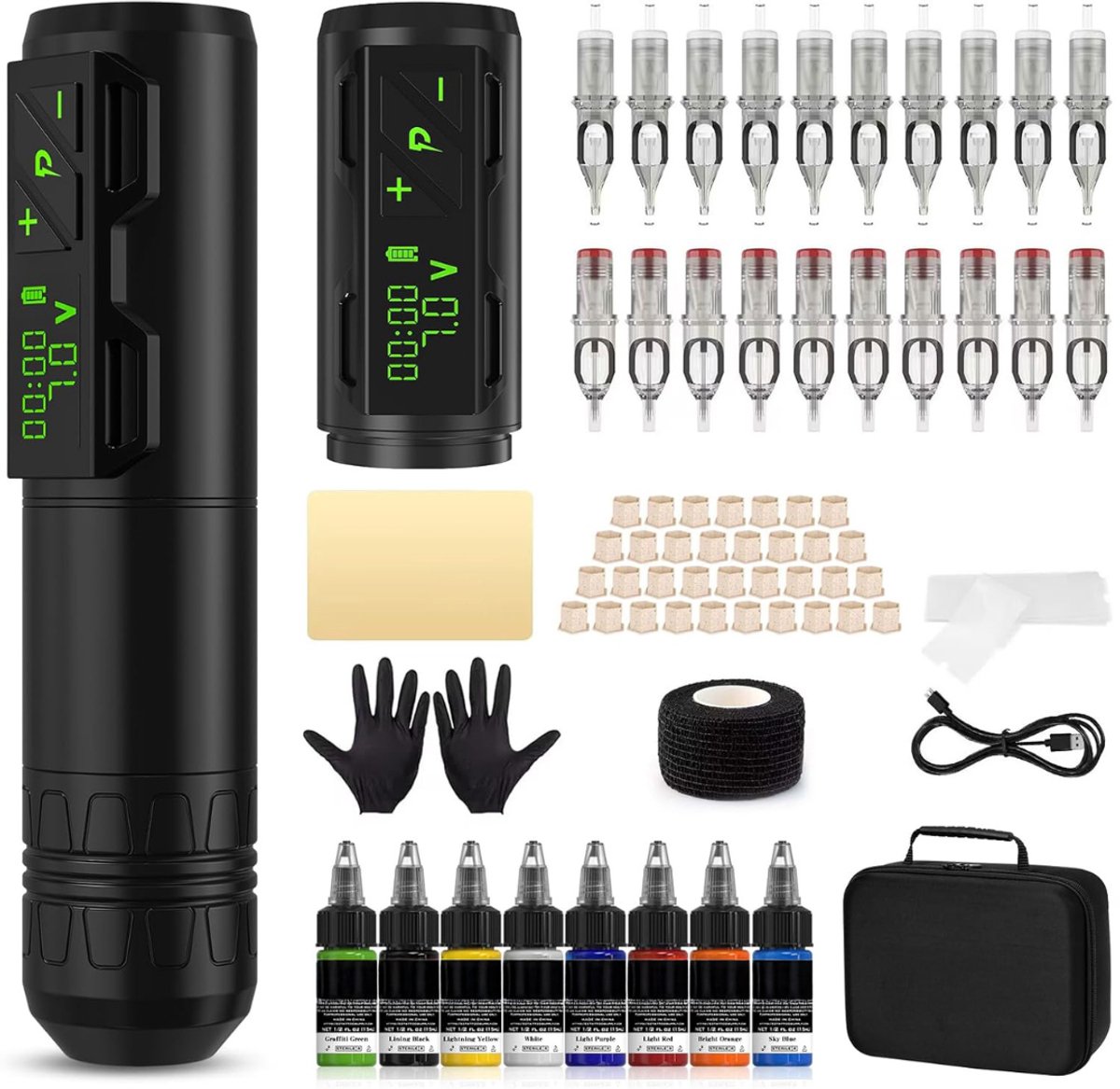Tattoo Machine met Accessoires - Tattoo Machines Draadloos - Tattoo Set Inclusief Inkt en Naalden - Tattoo Kit -Zwart